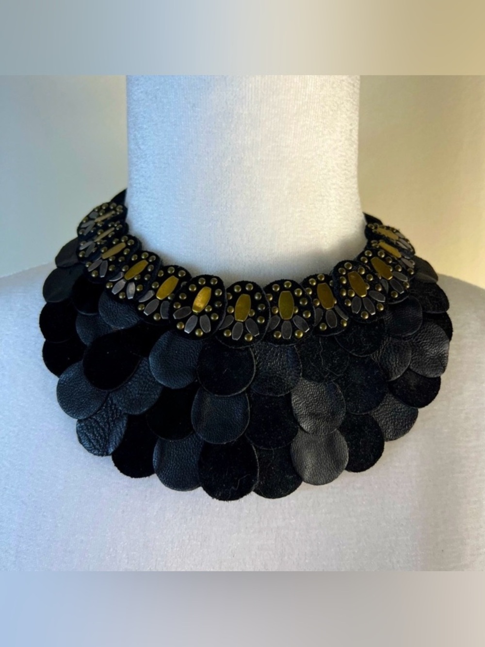 Black Feathered Leather Jewel Studded Leather Collar Necklace
